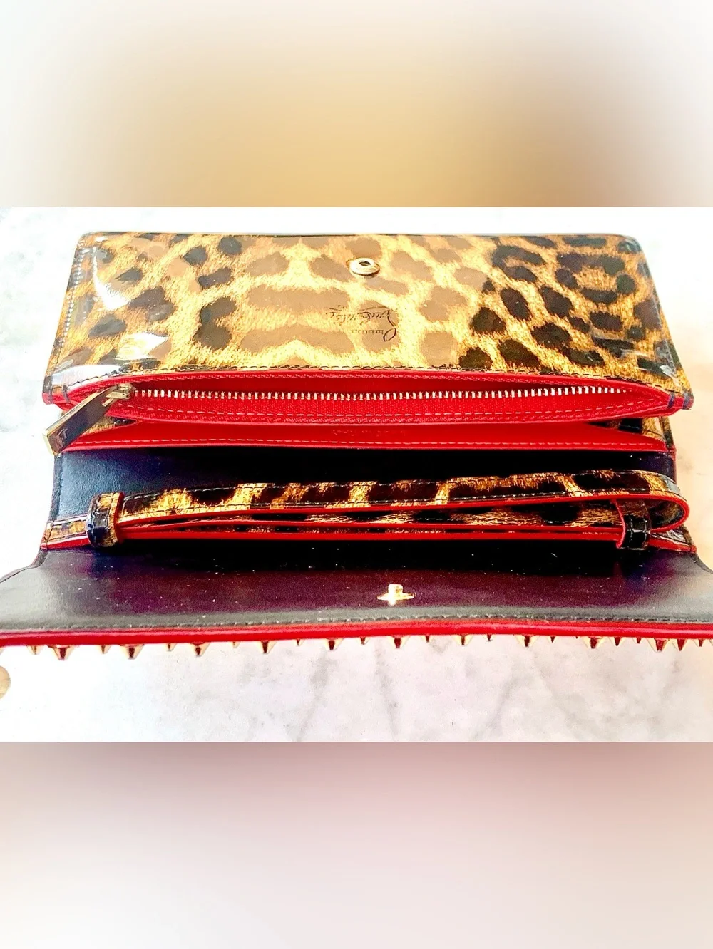 CHRISTIAN LOUBOUTIN MACARON PATENT SPIKED FLAP WALLET CLUTCH LEOPARD WRISTLET
